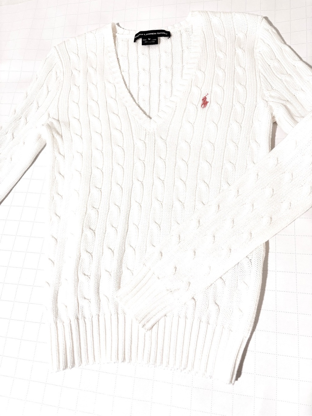 Ralph Lauren White Cotton Knit V-Neck Sweater with Pink Pony